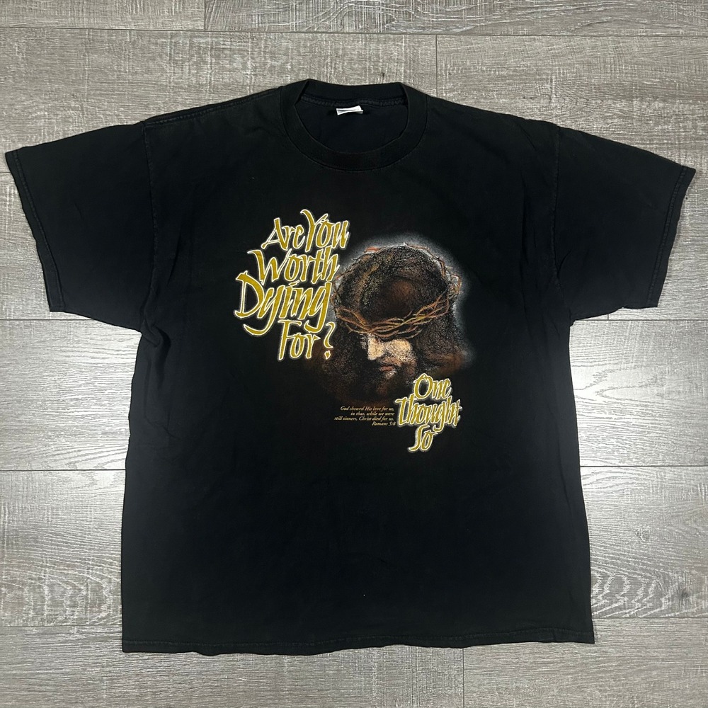 Vintage 90s Jesus Are You Worth Dying For Romans 5:8 Graphic Tee Black XL